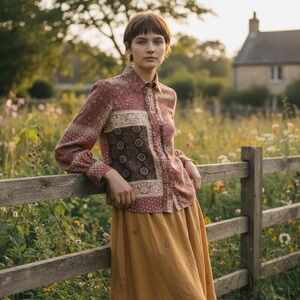 Pleione Womens Blouse Top Large Floral Long Sleeve Lightweight Ruffle Front